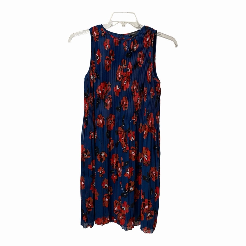 Pleated Floral Halogen Dress Blue Red Flowers Knee Length‎ Sleeveless Size XS
